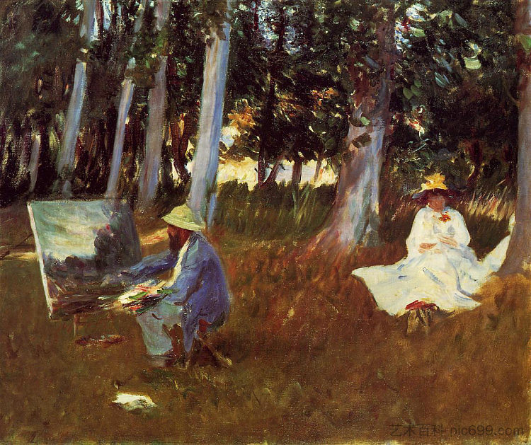 克劳德·莫奈在木头边缘绘画 Claude Monet Painting by the Edge of a Wood (1885)，约翰·辛格·萨金特