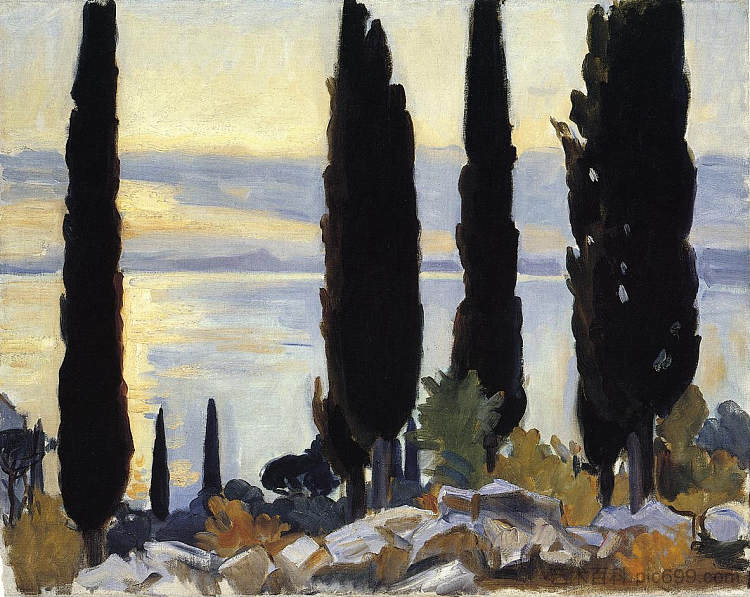 圣维吉利奥的柏树 Cypress Trees at San Vigilio (1913)，约翰·辛格·萨金特