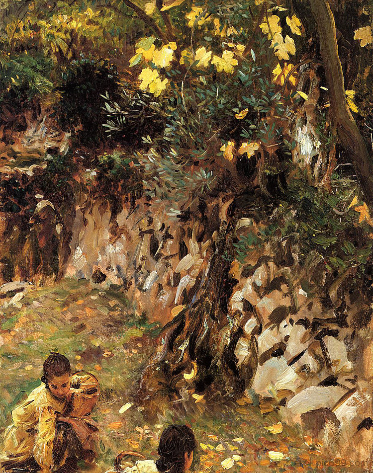 女孩聚集花朵，瓦尔德莫萨，马略卡岛 Girls Gathering Blossoms, Valdemosa, Majorca (1910)，约翰·辛格·萨金特