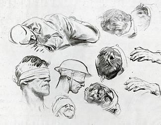 头部、手和图形（也称为气体研究） Heads, Hands, and Figure (also known as Studies for Gassed) (1918)，约翰·辛格·萨金特