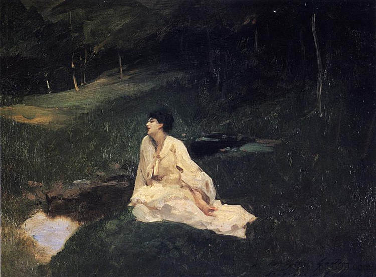 Judith Gautier（又名《在河边》或《在泉边休息》） Judith Gautier (also known as By the River or Resting by a Spring) (1883 - 1885)，约翰·辛格·萨金特