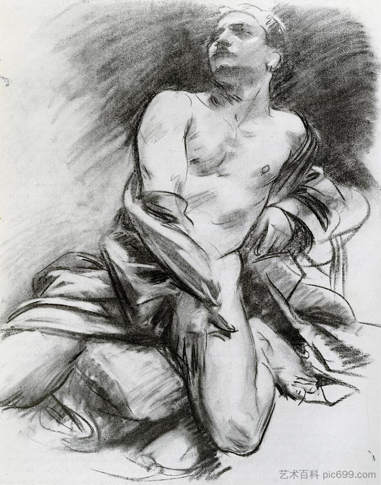 跪模 Kneeling Model (1912)，约翰·辛格·萨金特