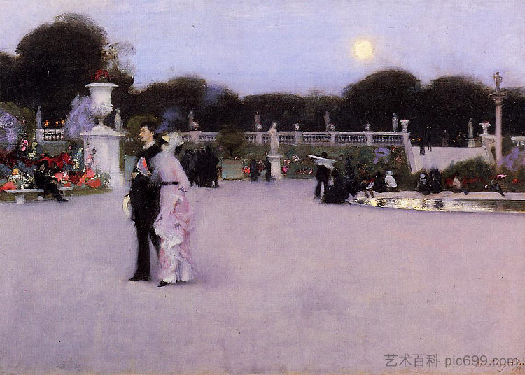 黄昏的卢森堡花园 Luxembourg Gardens at Twilight (1879)，约翰·辛格·萨金特