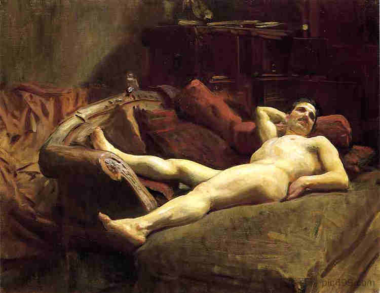 男模特休息 Male Model Resting (c.1895)，约翰·辛格·萨金特