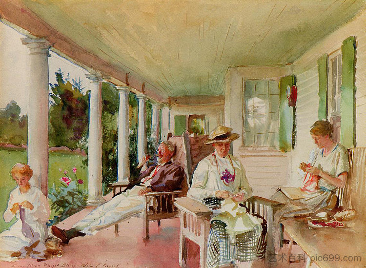 在阳台上（缅因州铁邦岛） On the Verandah (Ironbound Island, Maine) (c.1921 - c.1922)，约翰·辛格·萨金特