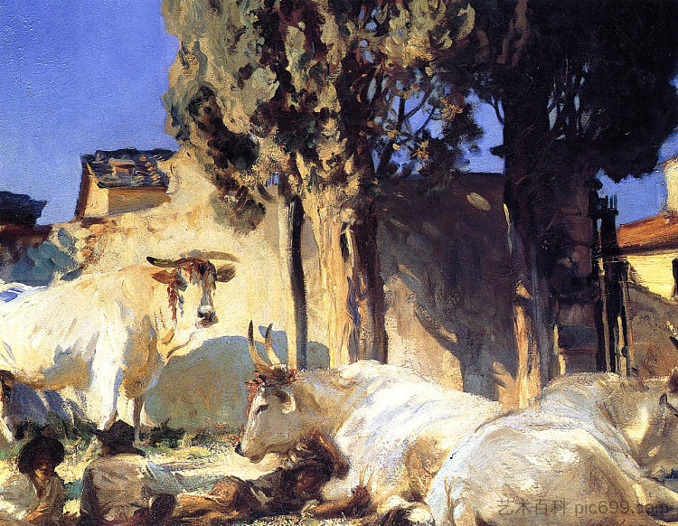 牛休息 Oxen Resting (c.1910)，约翰·辛格·萨金特