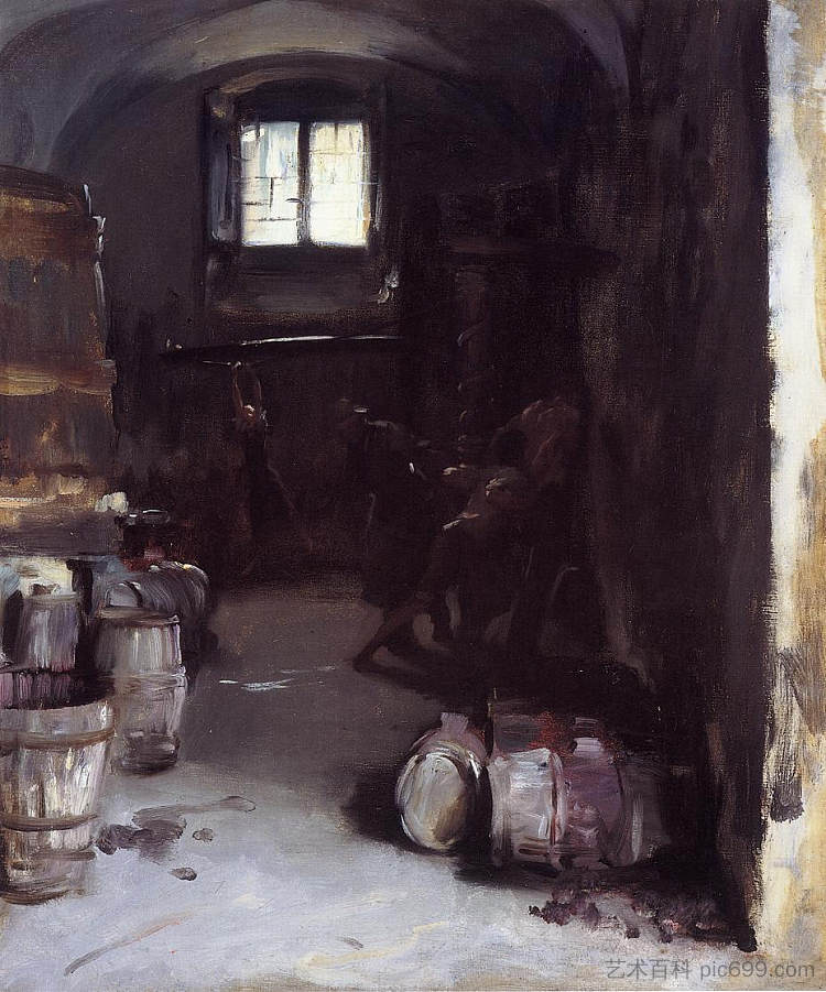 压榨葡萄佛罗伦萨酒窖 Pressing the Grapes Florentine Wine Cellar (c.1882)，约翰·辛格·萨金特