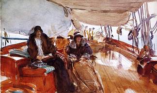 游艇星座甲板上的雨天 Rainy Day on the Deck of the Yacht Constellation (1924)，约翰·辛格·萨金特