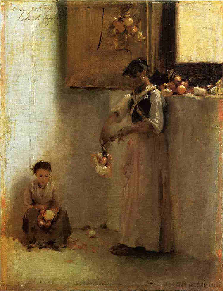 串洋葱 Stringing Onions (c.1882)，约翰·辛格·萨金特