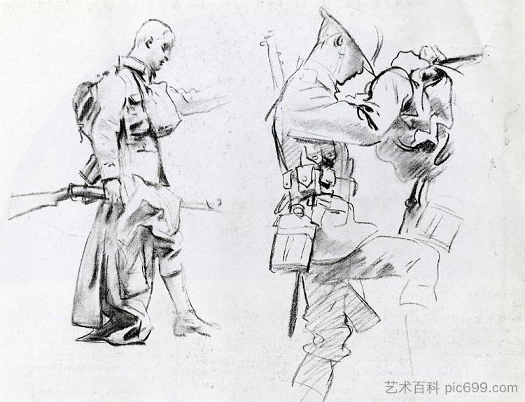 对加塞德士兵的两项研究 Two studies for soldiers of Gassed (c.1918)，约翰·辛格·萨金特