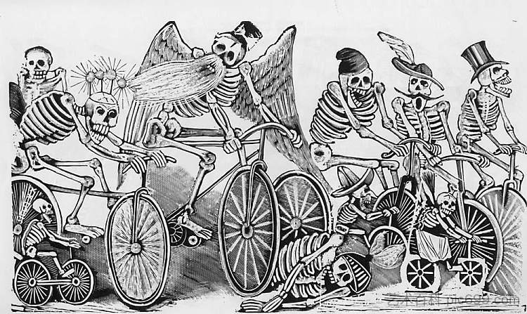 自行车 [骷髅（卡拉维拉斯）骑自行车] Bikes [Skeletons (calaveras) riding bicycles] (c.1900)，乔斯·瓜达卢佩·波萨达