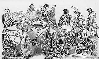 自行车 [骷髅（卡拉维拉斯）骑自行车] Bikes [Skeletons (calaveras) riding bicycles] (c.1900)，乔斯·瓜达卢佩·波萨达