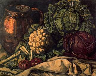 静物与红卷心菜，铜，花椰菜和卷心菜 Still life with Red Cabbage, Copper, Cauliflower and Cabbage (1921)，乔斯·古铁雷斯·索拉纳