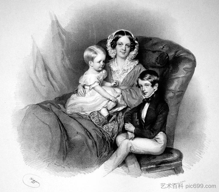 阿洛伊西亚·埃莱奥诺尔·勋堡-哈特斯坦 与孩子们 Aloisia Eleonore Schönburg-Hartstein With children (1841)，约瑟夫·克里胡贝尔