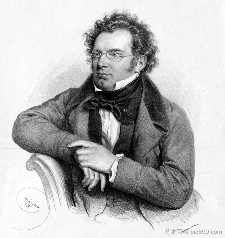 弗朗茨·舒伯特，奥地利作曲家（死后平版印刷） Franz Schubert, Austrian Composer (Posthumous Lithography) (1846; Austria  )，约瑟夫·克里胡贝尔