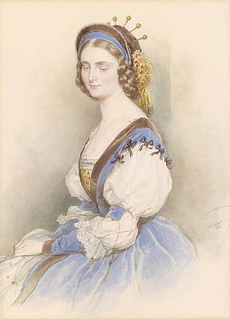 一位穿着蓝色连衣裙的年轻女士的肖像，低垂着眼睛 Portrait of a young lady in a blue dress, with lowered eyes (1866)，约瑟夫·克里胡贝尔