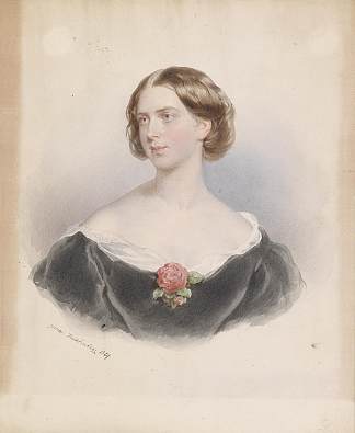一个年轻女子与玫瑰的肖像 Portrait of a young woman with a rose (1859)，约瑟夫·克里胡贝尔
