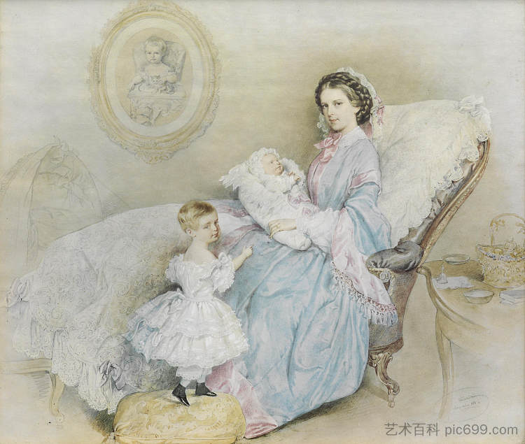 奥地利伊丽莎白皇后和她的孩子鲁道夫和吉塞拉 Empress Elisabeth of Austria with her children Rudolf and Gisela (1858)，约瑟夫·克里胡贝尔