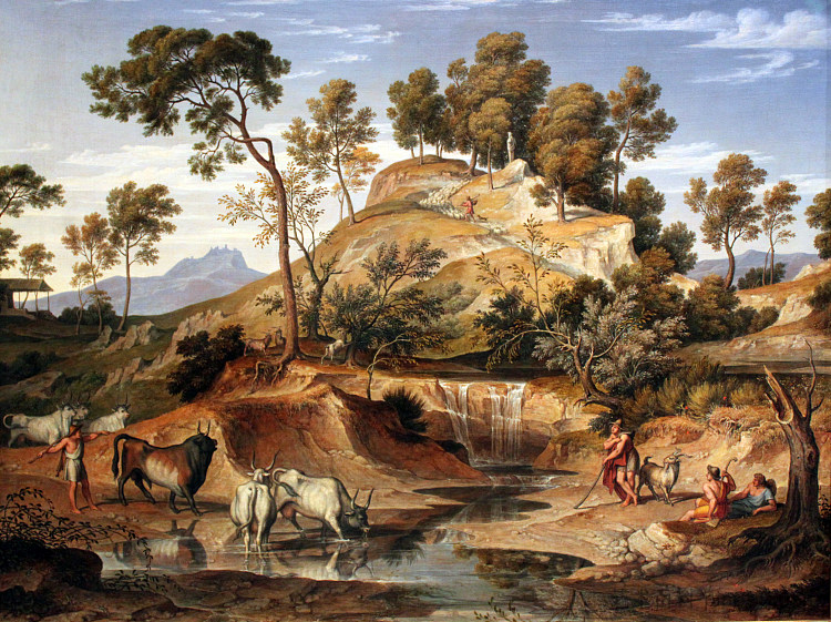 蛇形山景观与牧民和奶牛在春天 Serpentara Landscape with Herdsmen and Cows at a Spring (1833)，约瑟夫·安东·科赫