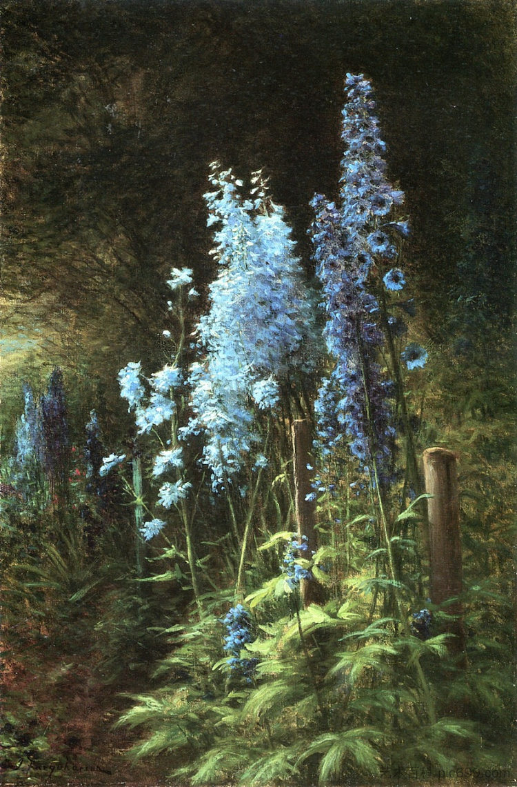 树木繁茂的景观中的鹦鹉 Delphiniums in a Wooded Landscape，约瑟夫·法夸尔森