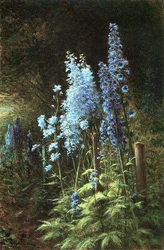 树木繁茂的景观中的鹦鹉 Delphiniums in a Wooded Landscape，约瑟夫·法夸尔森