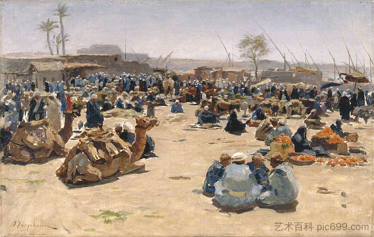 尼罗河上的市场 Market on the Nile (1893)，约瑟夫·法夸尔森