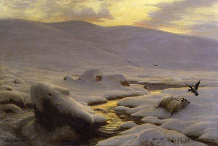 疲惫的雪荒，伯斯森林，阿伯丁郡 The Weary Waste of Snow, Forest of Birse, Aberdeenshire (1898)，约瑟夫·法夸尔森