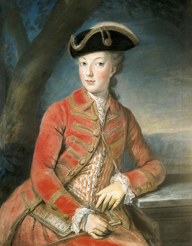 穿着红色狩猎服的玛丽·安托瓦内特 Marie Antoinette in a red hunting costume (1771)，约瑟夫·克罗伊青格