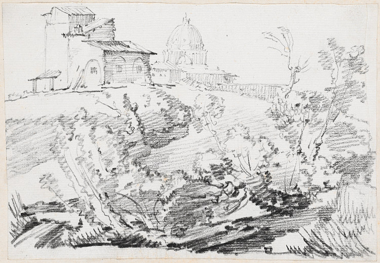 远处是圣彼得大教堂的山上的建筑 A Building on a Hill with Saint Peter's in the Distance (c.1750)，约瑟夫·马里·维恩