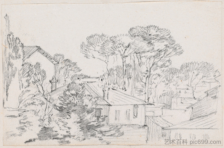 屋顶和伞松 Rooftops and Umbrella Pines (c.1750)，约瑟夫·马里·维恩