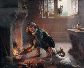 男人重新点燃一把火 Man relighting a fire，约瑟夫-诺埃尔·西尔维斯特