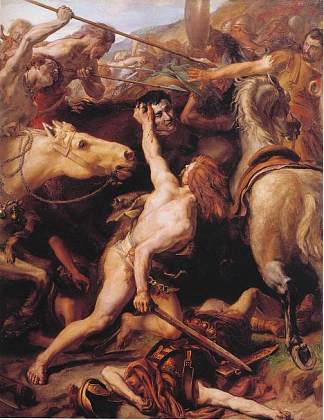 高卢公爵在特拉西梅内湖战役中斩首罗马将军盖乌斯·弗拉米尼乌斯 The Gaul Ducar decapitates the Roman general Gaius Flaminius at the Battle of Lake Trasimene (1882)，约瑟夫-诺埃尔·西尔维斯特