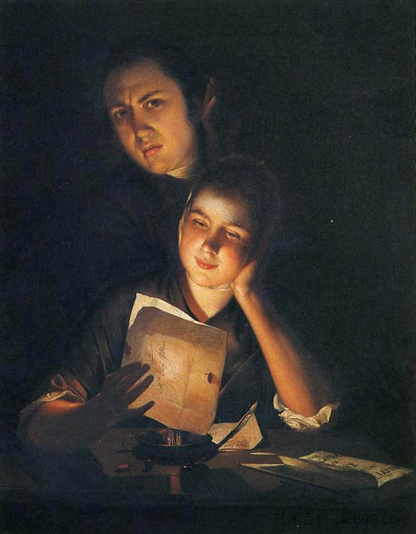一个女孩在烛光下读信,一个年轻人在她的肩膀上凝视 A Girl reading a letter by Candlelight, with a Young Man peering over her shoulder (1762),约瑟夫·莱特