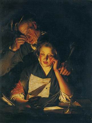 一个女孩在读信，一个老人在她的肩膀上读书 A Girl reading a Letter, with an Old Man reading over her shoulder (c.1767 – c.1770)，约瑟夫·莱特