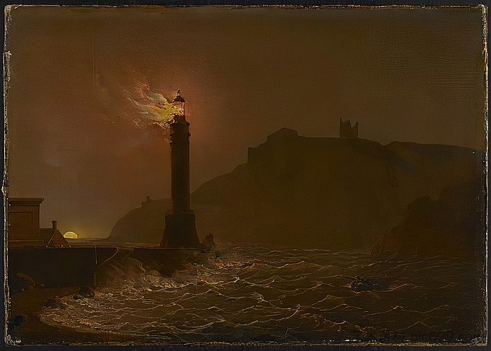 夜晚着火的灯塔 A Lighthouse on Fire at Night，约瑟夫·莱特