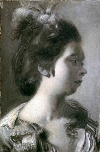 一个头发上有羽毛的年轻女孩的研究 Study of a Young Girl with Feathers in Her Hair (c.1768)，约瑟夫·莱特