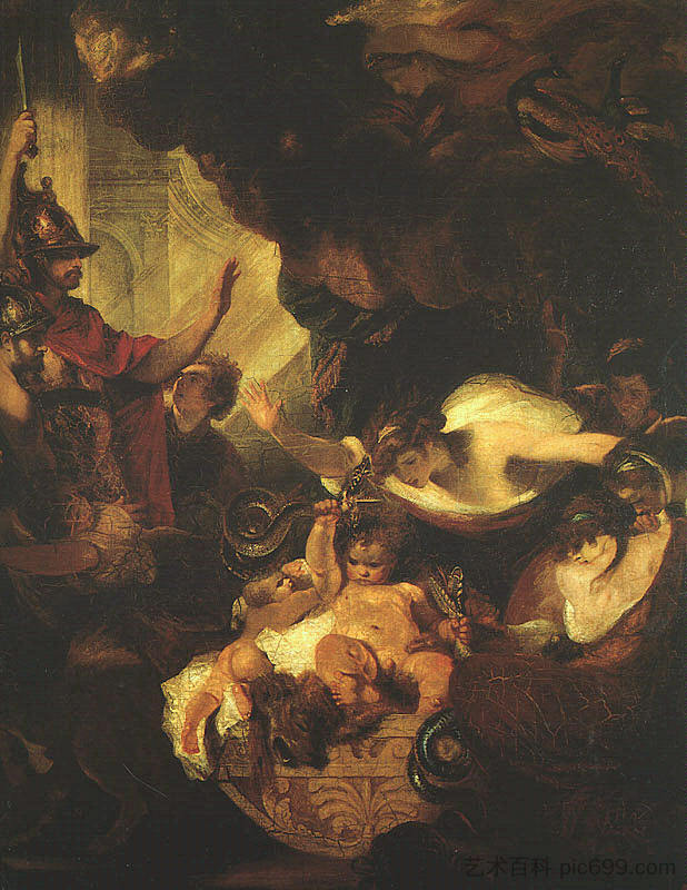 婴儿赫拉克勒斯在他的缝隙中勒蛇 The Infant Hercules Strangling Serpents in His Crade (c.1786 - c.1788)，乔舒亚·雷诺兹