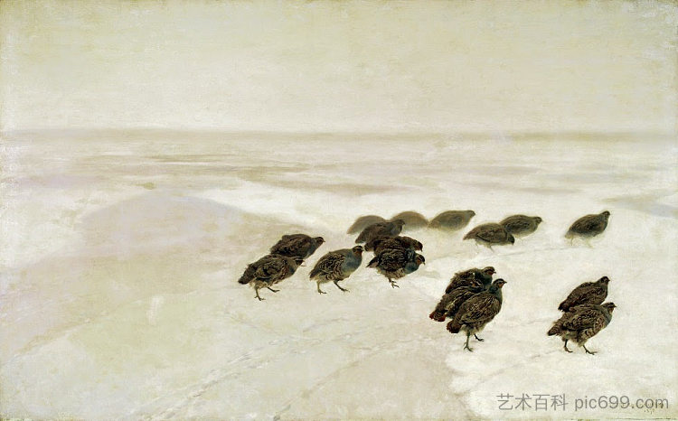 雪中的鹧鸪 Partridges in the snow (1891)，约瑟夫·切尔蒙斯基