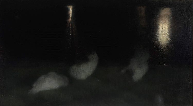 夜曲 – 夜晚华沙撒克逊花园里的天鹅 Nocturne – Swans in the Saxon Garden in Warsaw by Night (1893 - 1894; Poland  )，约泽夫·潘基奇斯