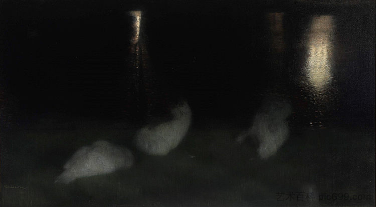 夜曲 – 夜晚华沙撒克逊花园里的天鹅 Nocturne – Swans in the Saxon Garden in Warsaw by Night (1893 - 1894; Poland  )，约泽夫·潘基奇斯