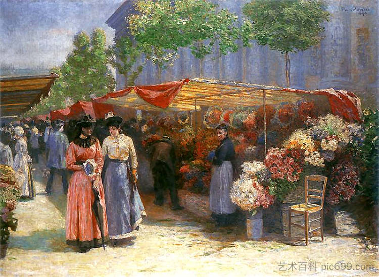 巴黎玛德琳教堂前的花卉市场 Flower Market in Front of the Madeleine Church in Paris (1890)，约泽夫·潘基奇斯