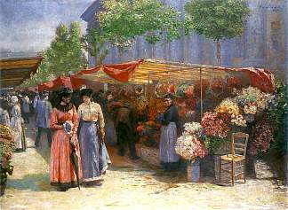 巴黎玛德琳教堂前的花卉市场 Flower Market in Front of the Madeleine Church in Paris (1890)，约泽夫·潘基奇斯