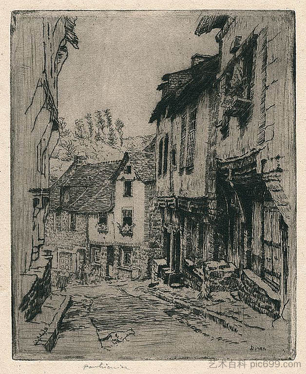 迪南的Aquafort Jerzual街（与猫） Aquafort Jerzual Street in Dinan (with Cat) (1908)，约泽夫·潘基奇斯