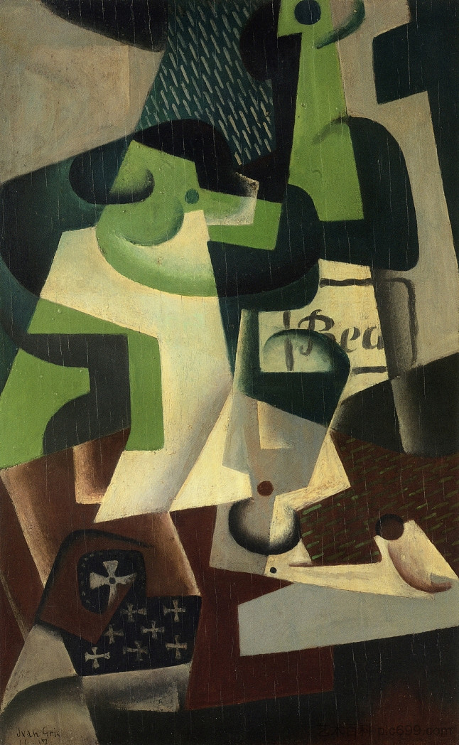 一瓶博纳和水果盘 Bottle of Beaune and a Fruit Dish (1917),胡安·格里斯
