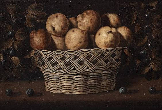 木桌上放着一篮子榅桲的静物画，两边的绳子上挂着吊杆 A still life with a basket of quinces on a wooden table and damsons hanging from strings on either side，胡安·范德哈门