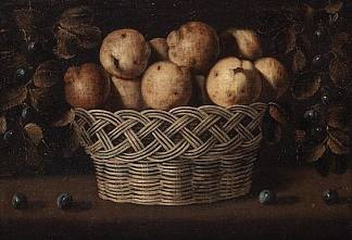 木桌上放着一篮子榅桲的静物画，两边的绳子上挂着吊杆 A still life with a basket of quinces on a wooden table and damsons hanging from strings on either side，胡安·范德哈门