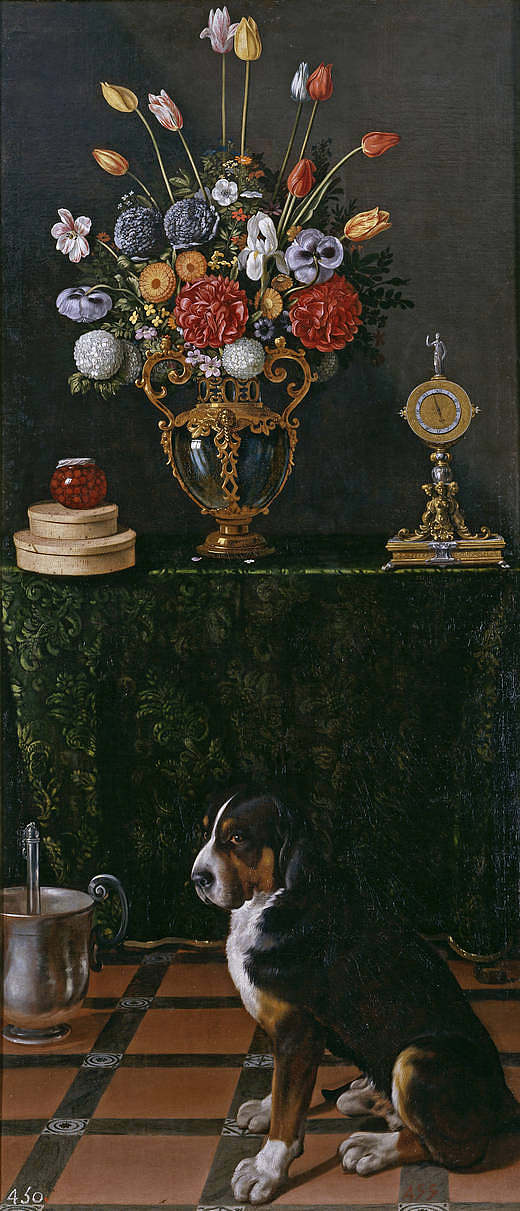 静物与花和狗 Still Life with Flowers and a Dog (c.1625)，胡安·范德哈门