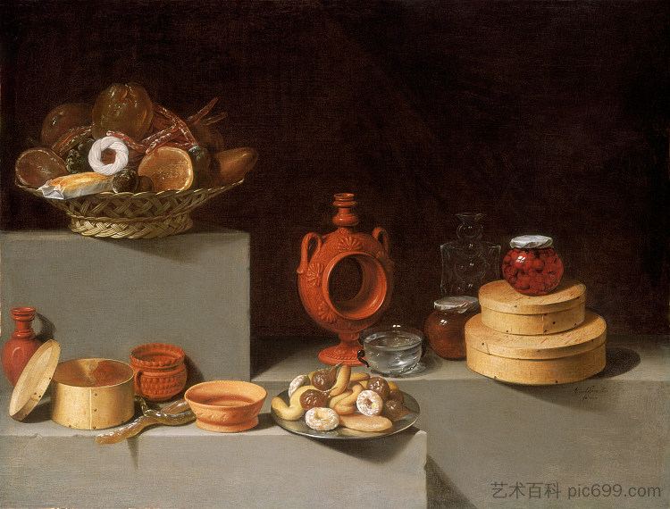 糖果和陶器的静物 Still Life with Sweets and Pottery (1627)，胡安·范德哈门