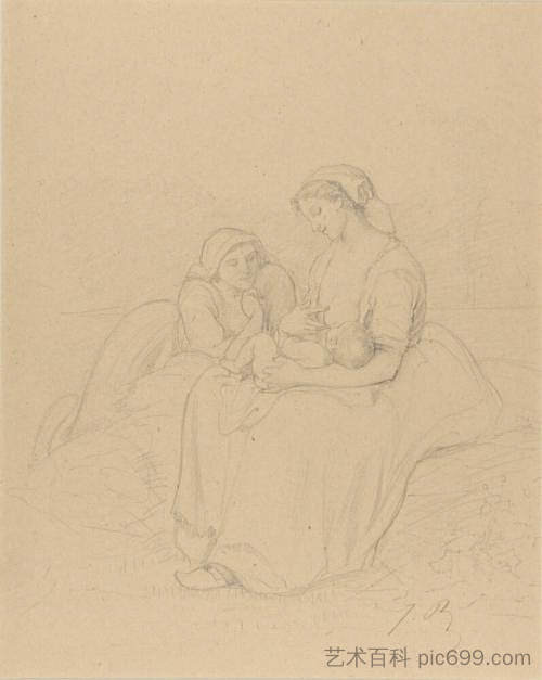 妇女在另一名妇女的陪同下母乳喂养她的孩子 Woman breast feeding her child, accompanied by another woman (c.1873)，朱利叶斯·布雷顿