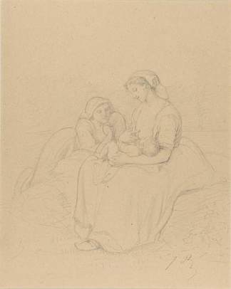 妇女在另一名妇女的陪同下母乳喂养她的孩子 Woman breast feeding her child, accompanied by another woman (c.1873)，朱利叶斯·布雷顿